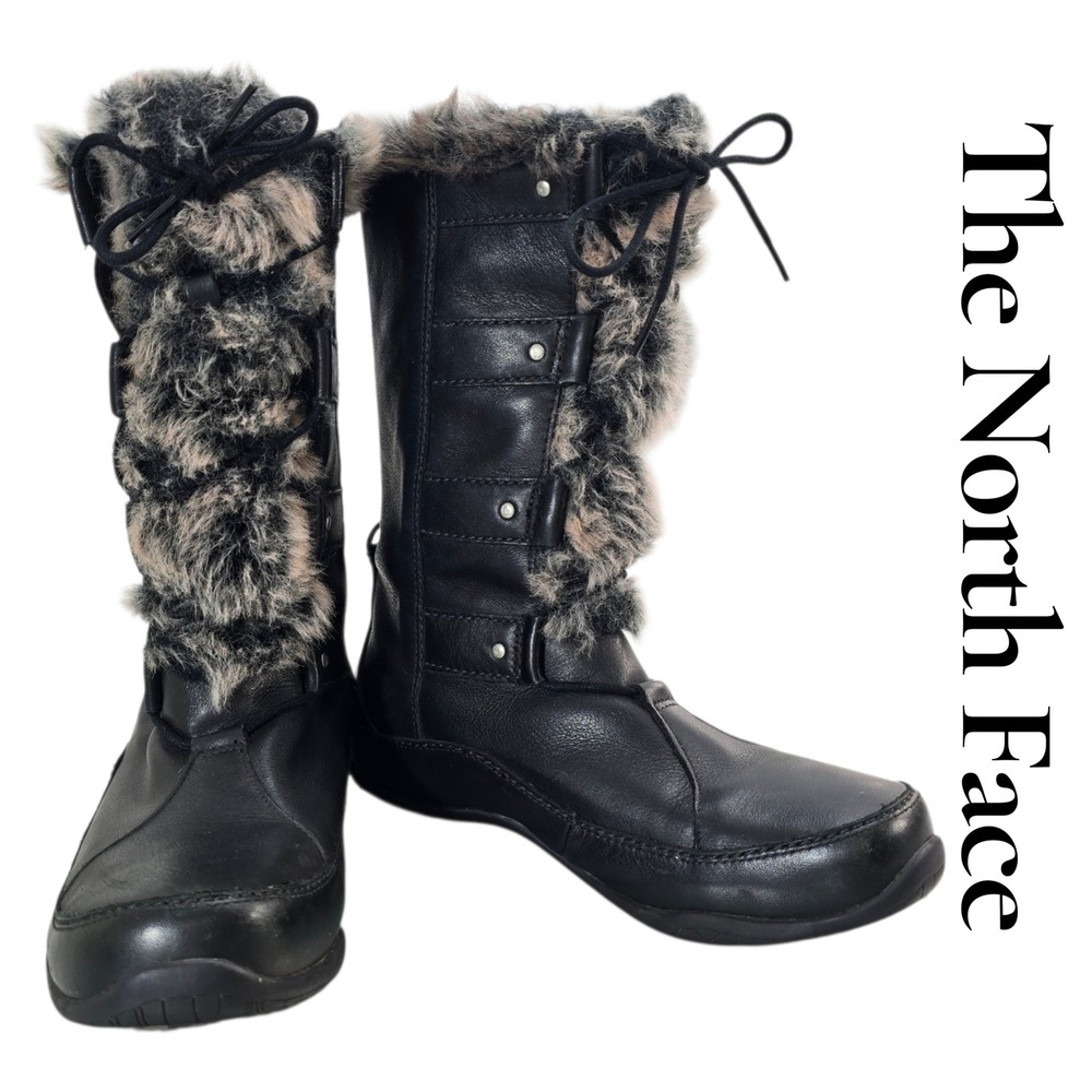 The North Face Winter Boots Womens 8 Black Leather PrimaLoft Faux Fur Insulated